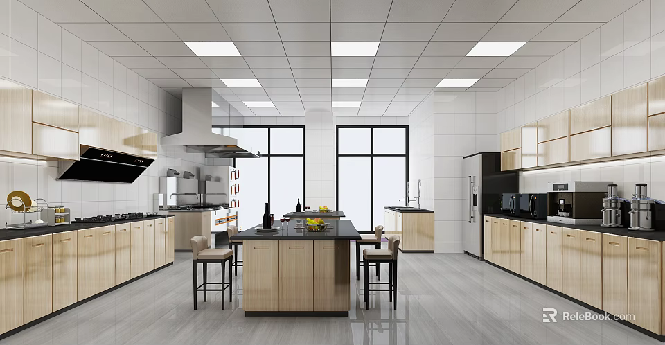 Modern Commercial Kitchen Interior With Open Layout Wooden Cabinets Island Counter And Stainless Steel Appliances 3d model 