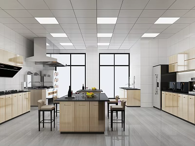 Modern Commercial Kitchen Interior With Open Layout Wooden Cabinets Island Counter And Stainless Steel Appliances 3d model