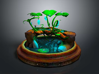 Cartoon Scene With Green Lotus Leaves Vines Small Pond And Stones In Colorful Design 3d model