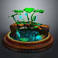 Cartoon Scene With Green Lotus Leaves Vines Small Pond And Stones In Colorful Design