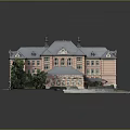 Cartoon Scene Of Red Brick Building With Gray Roof Multiple Windows Green Trees And Annex Building