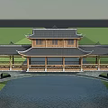 Traditional Chinese Wooden Bridge with Curved Roof Over River in Grassland Under Blue Sky