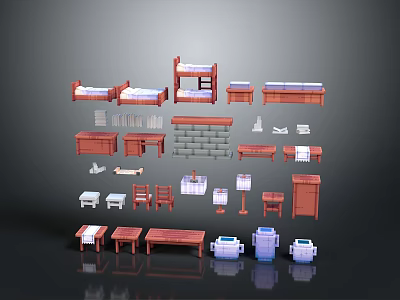 People Using Various Wooden Furniture Collection Including Beds Tables Chairs And Cabinets 3d model