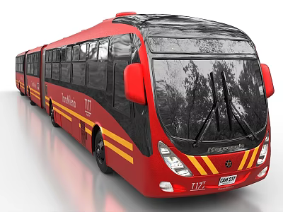 Red Articulated Mercedes Bus With Yellow Stripes Large Front Windshield And License Plate 112 3d model