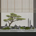 Japanese Zen Interior Landscape With Bonsai Pine Tree Stones And Bamboo Screen
