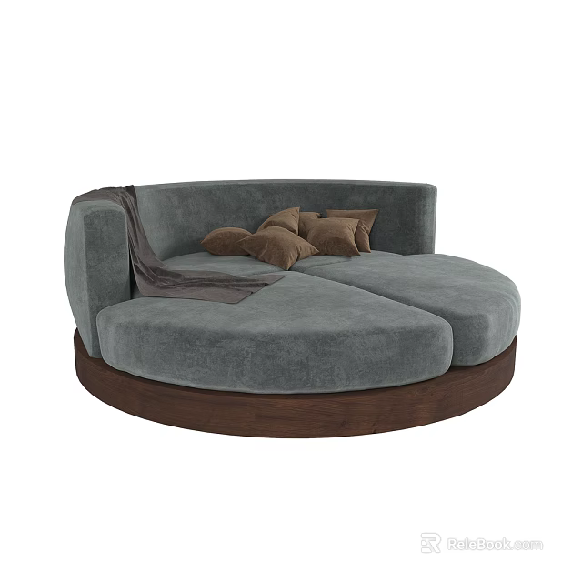 Gray Round Single Sofa with Wooden Base Brown Cushions and Soft Blanket 3d model 
