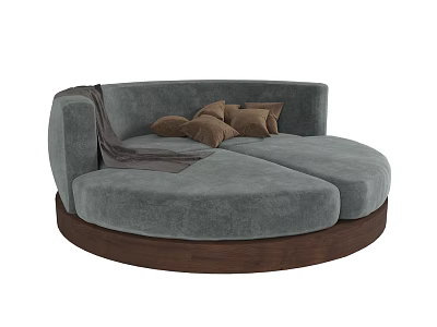 Gray Round Single Sofa with Wooden Base Brown Cushions and Soft Blanket 3d model