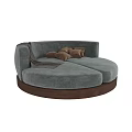 Gray Round Single Sofa with Wooden Base Brown Cushions and Soft Blanket