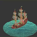 Vintage Sailing Ship With White Full Sails And Wooden Hull On Blue Water
