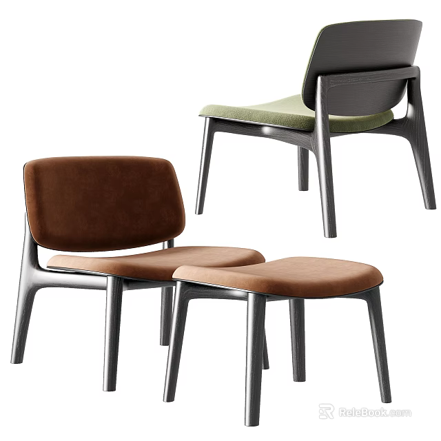 Modern Leisure Chairs With Brown Green Upholstery Metal Legs And Matching Ottoman Stool 3d model 