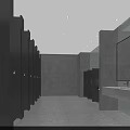 Modern Public Restroom Interior With Gray Tiled Walls Black Stalls And Large Mirror