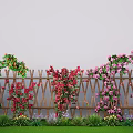 Colorful Climbing Plant Combination on Bamboo Fence with Red Pink Vines and Orange Fruits