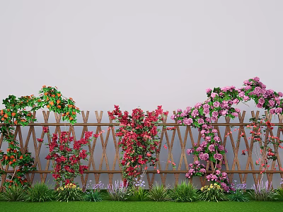 Colorful Climbing Plant Combination on Bamboo Fence with Red Pink Vines and Orange Fruits 3d model