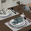 Wooden Dining Table Setting With Lotus Shaped Napkins Placemats Cutlery Glassware And Decorative Sculpture