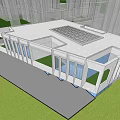 Modern Sales Office Building Exterior With Large Glass Windows Geometric Design And Green Lawn