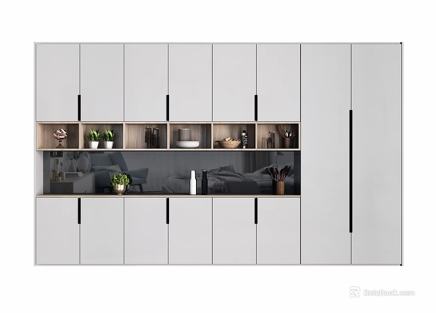 Modern White Decorative Storage Cabinet With Open Display Shelves And Plants 3d model 