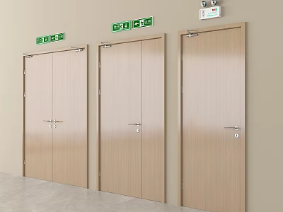 Three Wooden Doors With Green Emergency Exit Signs In Indoor Environment 3d model