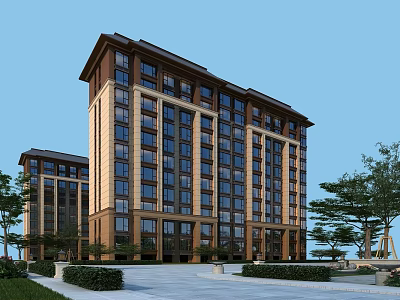 Modern Multi Storey Residential Building With Brown Beige Facade Large Windows And Tree Lined Surroundings 3d model