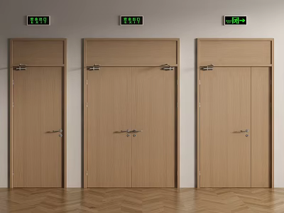 Light Brown Wooden Double Doors Interior With Green Signage And Herringbone Floor 3d model
