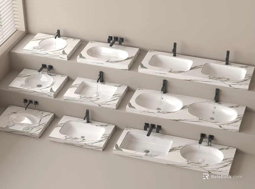 Modern Marble Washbasins With Black Faucets In Neatly Arranged Bathroom Design 3d model 