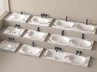 Modern Marble Washbasins With Black Faucets In Neatly Arranged Bathroom Design 3d model