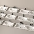 Modern Marble Washbasins With Black Faucets In Neatly Arranged Bathroom Design