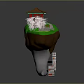 Floating Island Scene With Red Pavilion Green Grass Pink Cherry Blossom And Gears