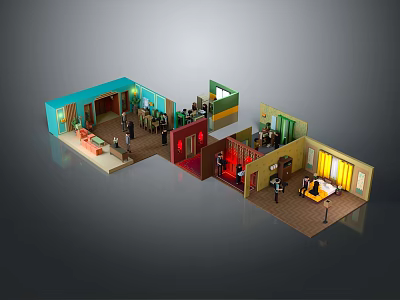 Cartoon Scene with Multi Room Layout Featuring Colorful Walls Miniature Figures and Furniture 3d model