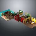 Cartoon Scene with Multi Room Layout Featuring Colorful Walls Miniature Figures and Furniture