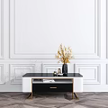 Modern Black White TV Stand With Gold Metal Legs Marble Top And Decorative Items