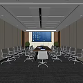 Modern Conference Room Interior With Large Screen Conference Table Chairs And Plants