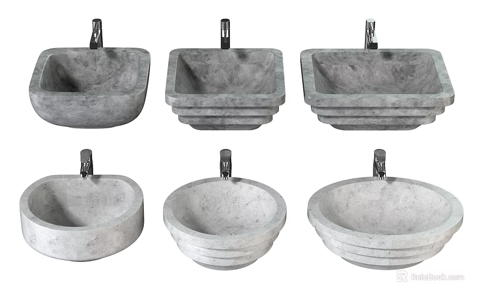 Different Concrete Washbasins with Square and Round Shapes for Modern Bathroom 3d model