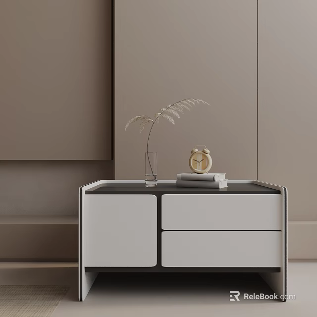 Modern Bedside Table With White Black Finish Gold Clock Dried Plant And Stacked Books 3d model 