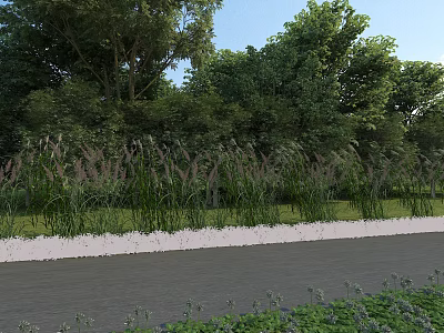 Natural Scenic Garden Landscape With Lush Trees Green Lawn White Low Wall And Tall Grasses 3d model