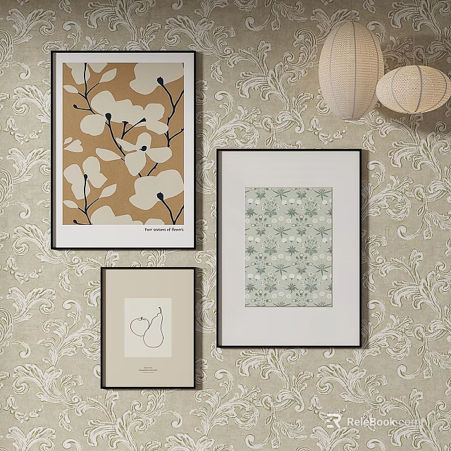 Colorful Abstract Paintings on Wall with Various Patterns and Decorative Lanterns 3d model