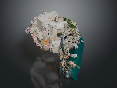 Cartoon Scene Of Castle On Cliff With Colorful Buildings Red Roofs And Blue Water 3d model