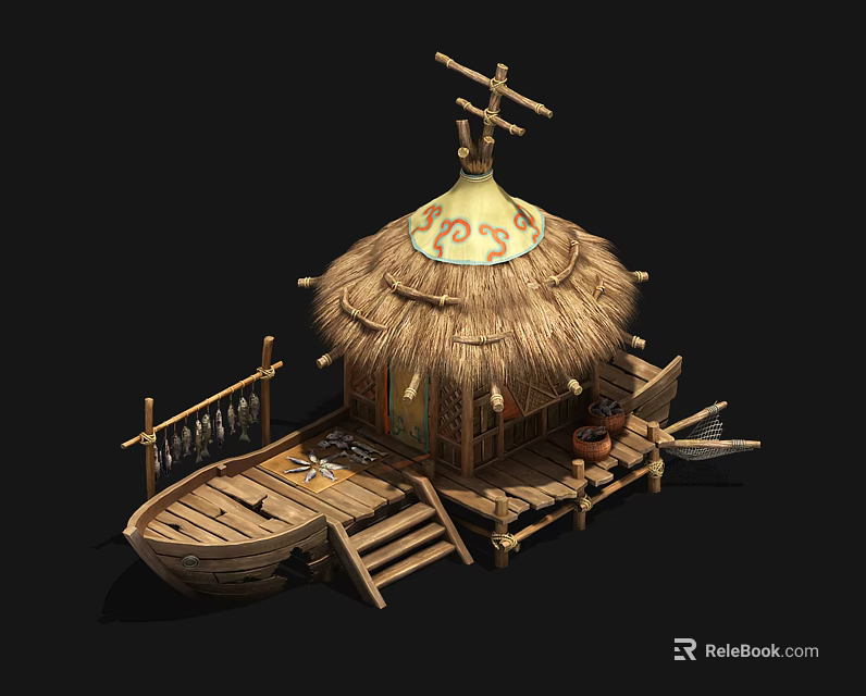 Traditional Wooden Boat with Thatched Roof and Decorative Top Wooden Structure Steps and Paddle Details 3d model 