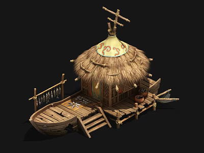 Traditional Wooden Boat with Thatched Roof and Decorative Top Wooden Structure Steps and Paddle Details 3d model