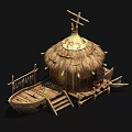Traditional Wooden Boat with Thatched Roof and Decorative Top Wooden Structure Steps and Paddle Details