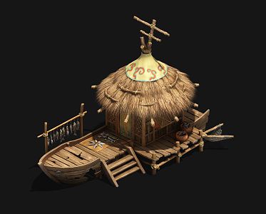 Ethnic-style wooden boat shed boat 3d model