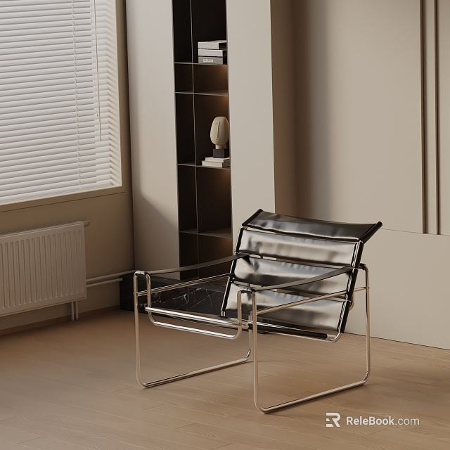 Modern Leisure Chair Featuring Metal Frame and Black Leather Seat in Room with Window Blinds 3d model 