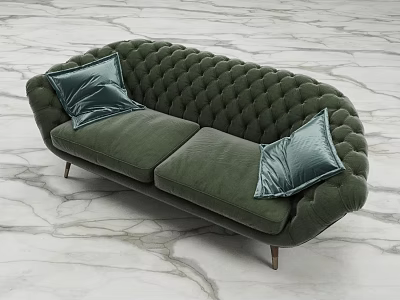 Green Tufted Two Seater Sofa With Blue Pillows Metal Legs On Marble Floor Background 3d model