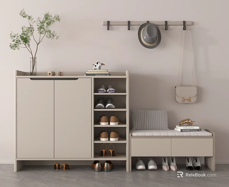 Modern Shoe Cabinet With Bench Cushion And Wall Hooks For Shoes Hat Bag And Plant 3d model 