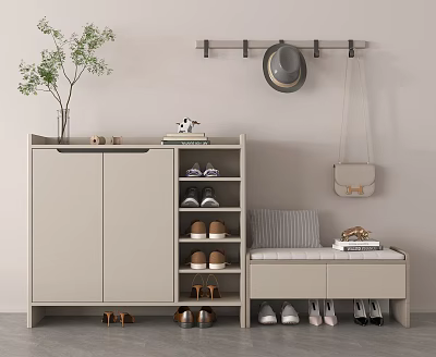 Modern Shoe Cabinet With Bench Cushion And Wall Hooks For Shoes Hat Bag And Plant 3d model