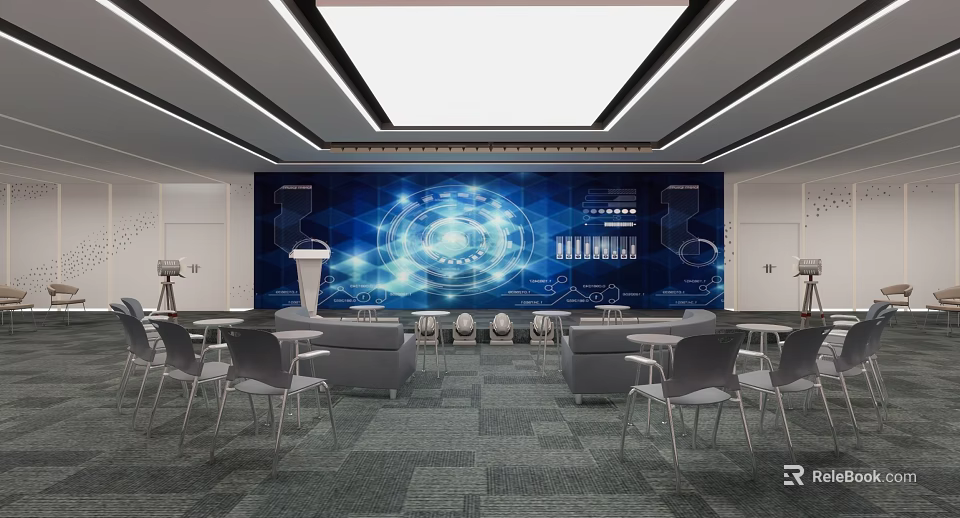 Modern Conference Room Interior Design With Large Digital Screen And Meeting Furniture 3d model 