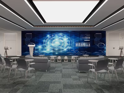 Modern Conference Room Interior Design With Large Digital Screen And Meeting Furniture 3d model
