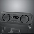 Modern Silver Speaker Device With Dual Round Speakers Digital Display And 2525 Readout