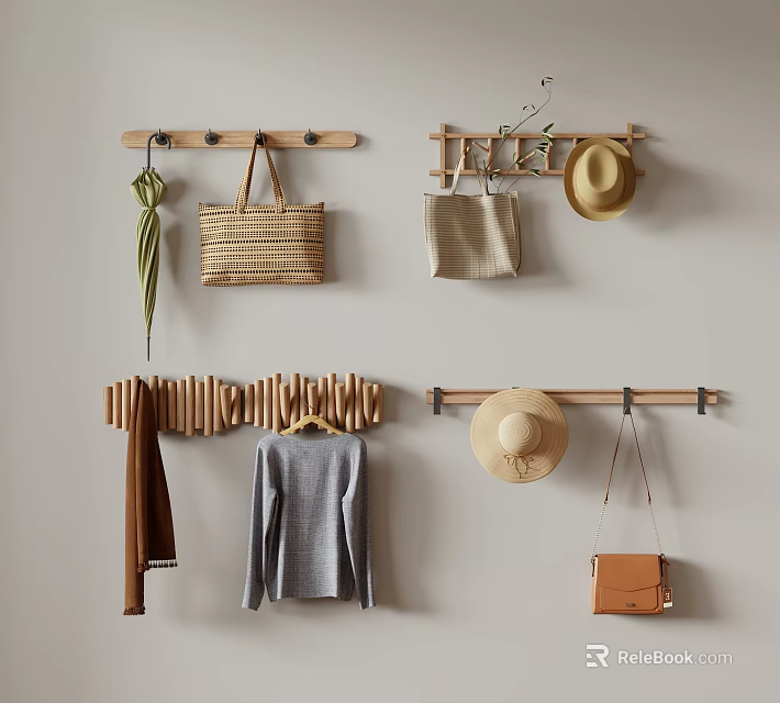 Wooden Wall Mounted Hooks with Hanging Bags Hats Coats and Umbrella 3d model 