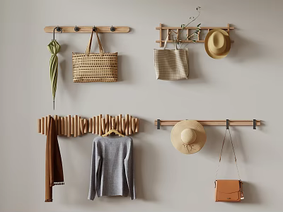 Wooden Wall Mounted Hooks with Hanging Bags Hats Coats and Umbrella 3d model