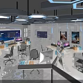 Modern Public Office Interior Design With Hexagonal Lighting Workstations And Computers 3d model